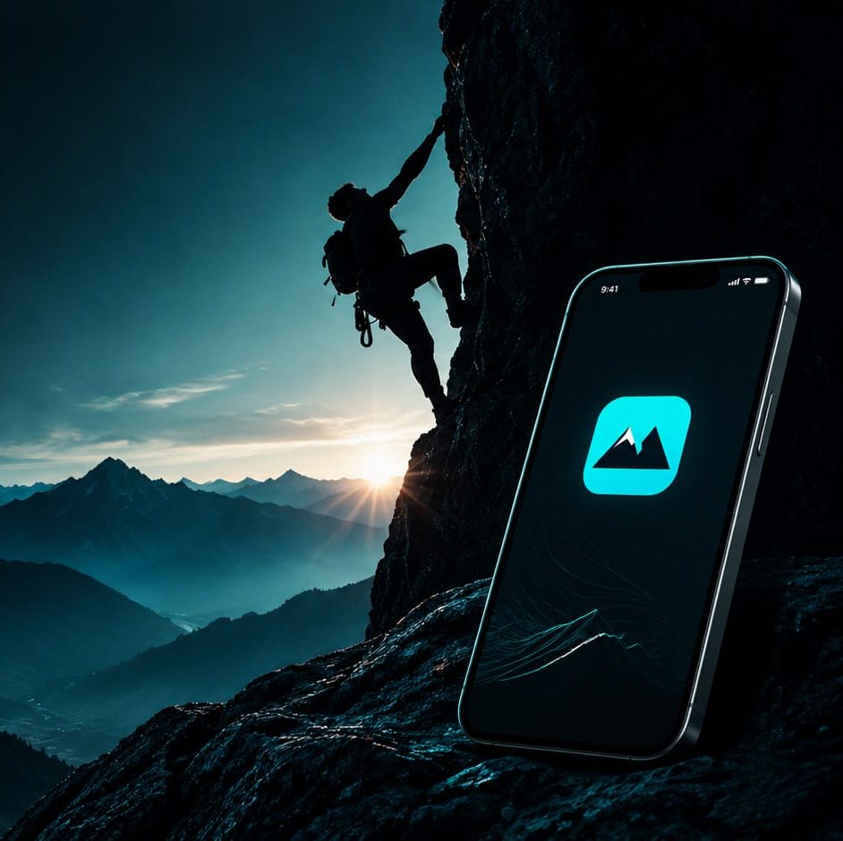 Silhouette einer kletternden Person an einer Felswand vor Sonnenaufgang über Berggipfeln; daneben ein Smartphone mit dem CruxIT.-App-Icon.